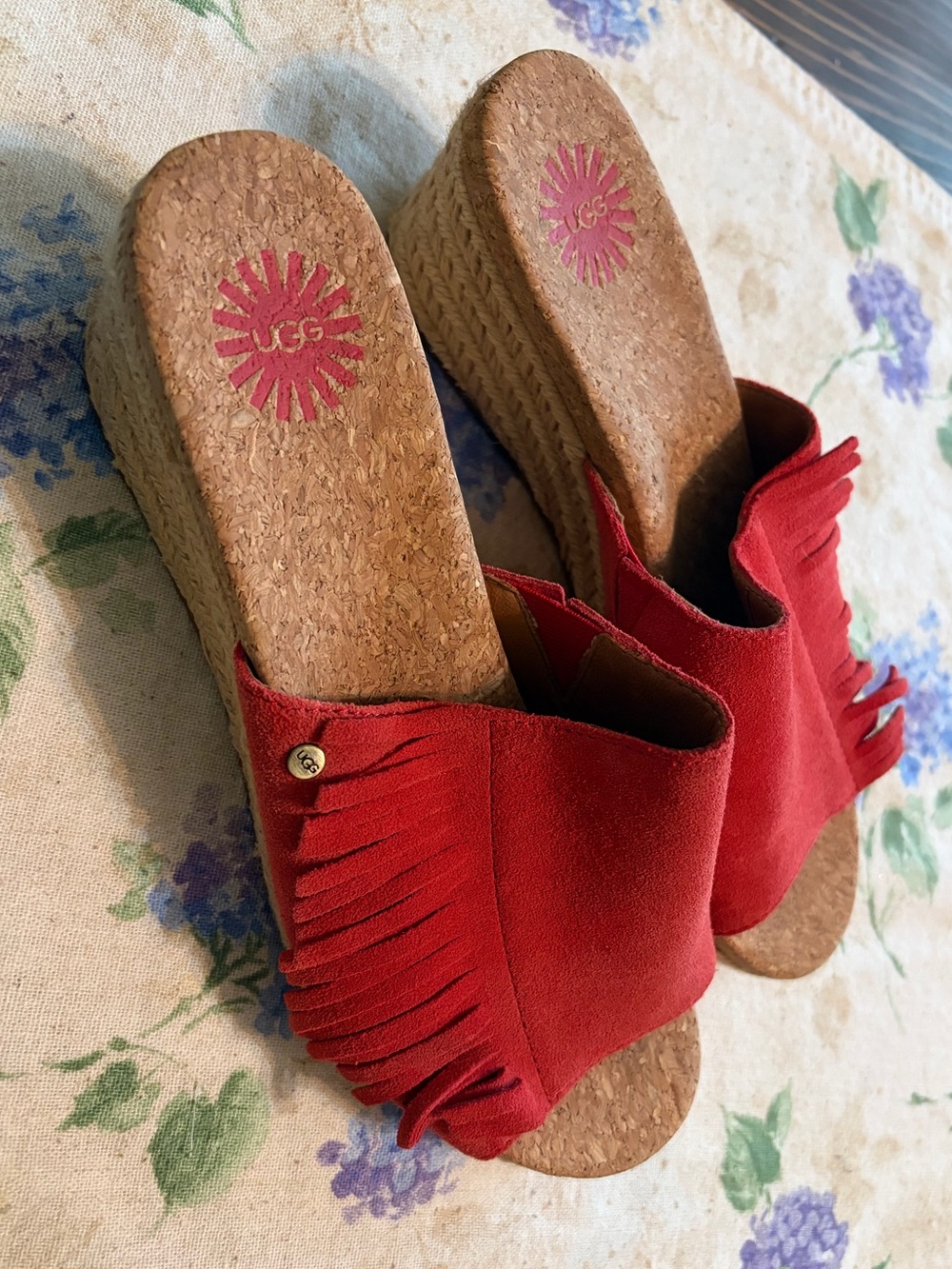 UGG Red Suede Fringe Wedge Sandals